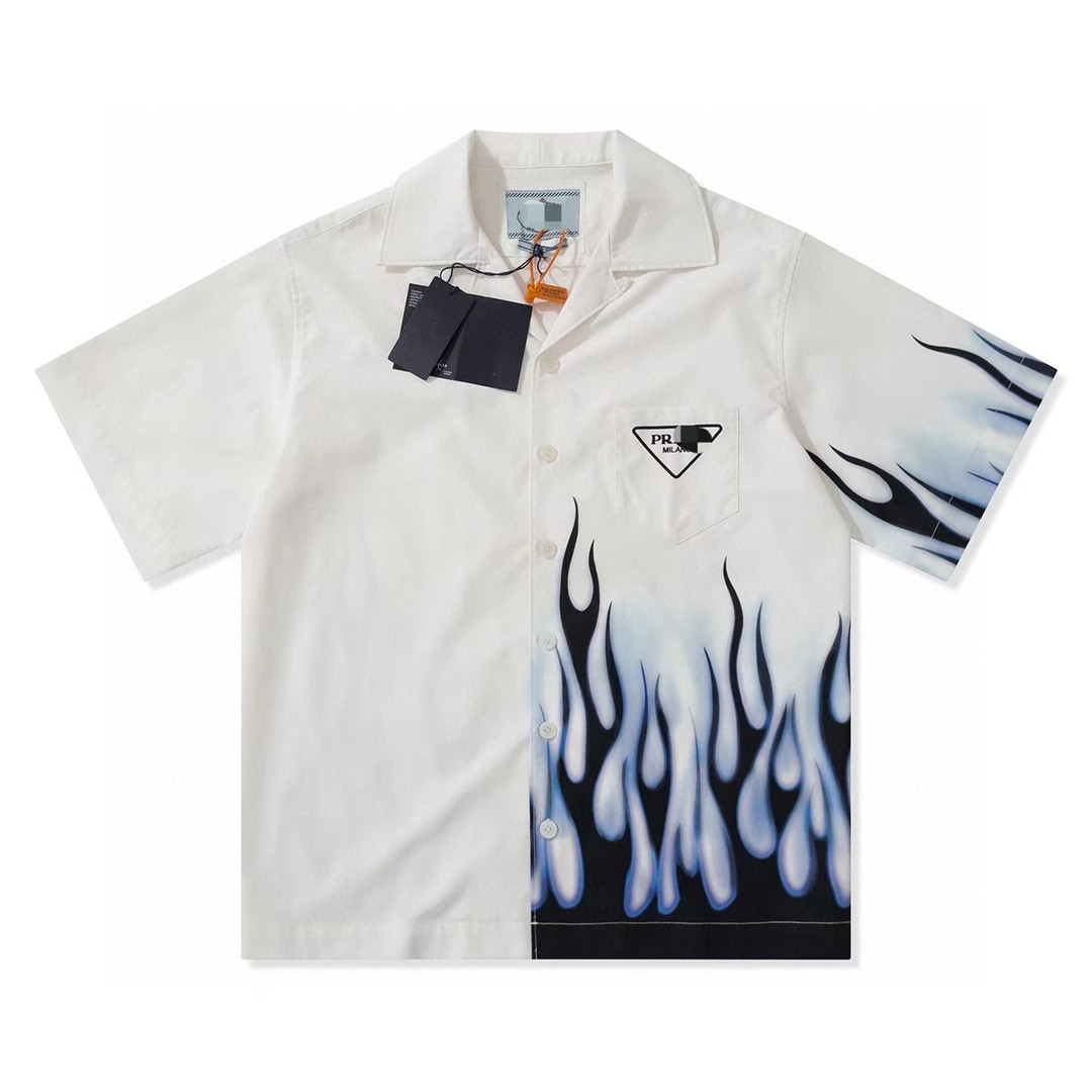

FALECTION MENS 22SS P MILANO BLUE Black flame PRINTED NYLON DOUBLE MATCH HEAVY COTOTN BUTTONS UP SHIRT, White
