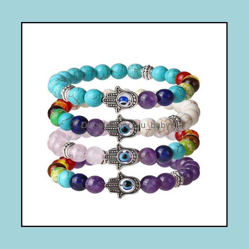 

Beaded Strands Bracelets Jewelry Jln Chakra Fatima Hand Bracelet Yoga Energy Healing Stone Lava Tiger Eye Lapis Stretch Reiki Prayer Beads