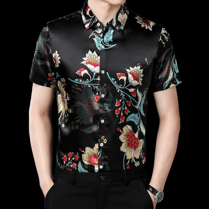 

Men' Casual Shirts Men' Fashion Printing Short Sleeve Tops 2022 Summer Flowers Silk Shirt Male Floral Printed Smooth Soft Dress Shirts, Black