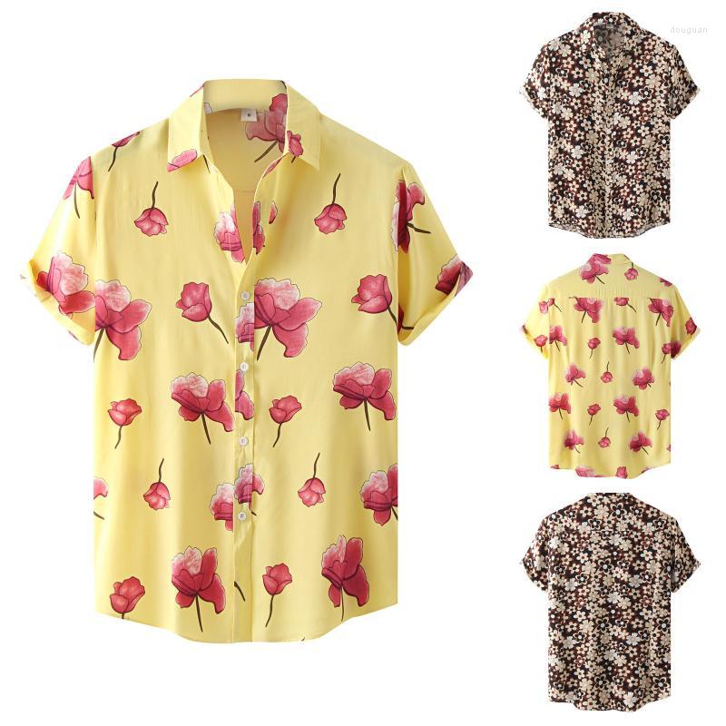 

Men's Casual Shirts Flower Printed Men Short Sleeve Turn-Down Collar Summer Hawaiian Shirt Button Vacation Blouses Camisas De HombreMen's, Auburn
