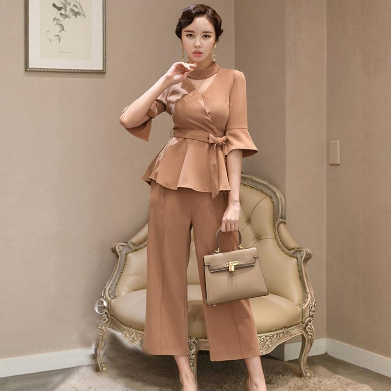 

Women' Two Piece Pants Formal Business Work Wear Blazer Trouser Suit For Women V-Neck Ruffle Sleeve Ninth Women' Suits Terno Feminino, Khaki suit