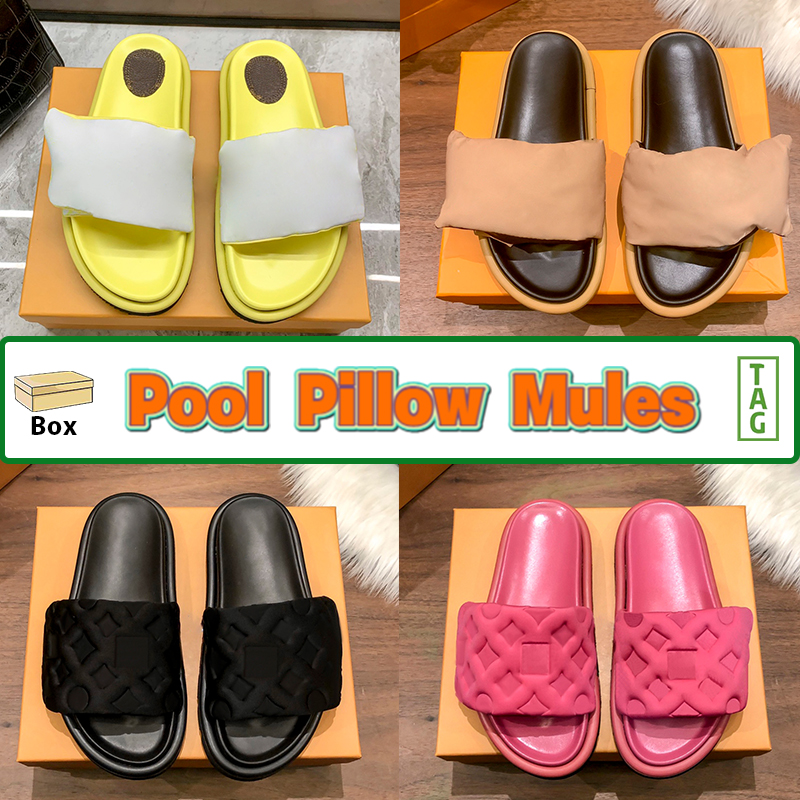 

With Box Men Women Slippers Pool Pillow Flat Mules Comfort Embossed Slides Beach Sandals Ivory Triple Black Mens Luxury Shoes Nylon Flip Flops, Double shoe box