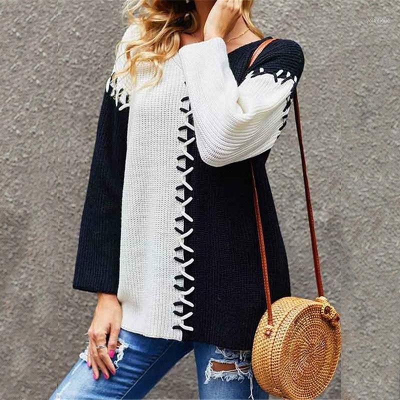 

Women' Sweaters String Patchwork Knitted Long Sleeve O-neck Pullover Femme 2022 Autumn Winter Office Ladies Jumper Design, White