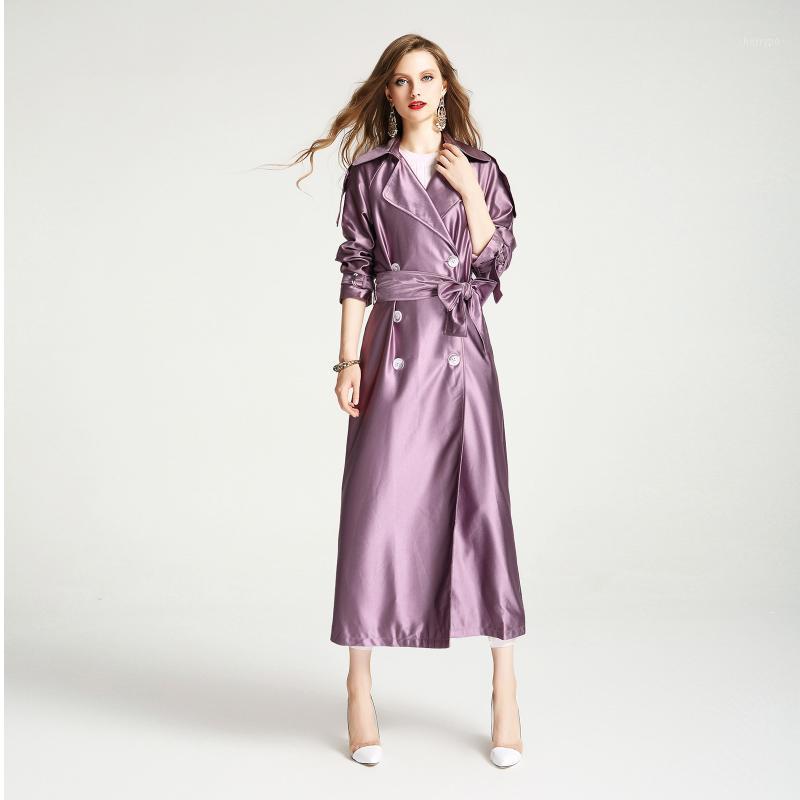

Women's Trench Coats 2022 Fashion Autumn Women British Lapel Satin Purple Double Breasted Extra Long Coat Loose Lady Gold Windbreaker Jacket