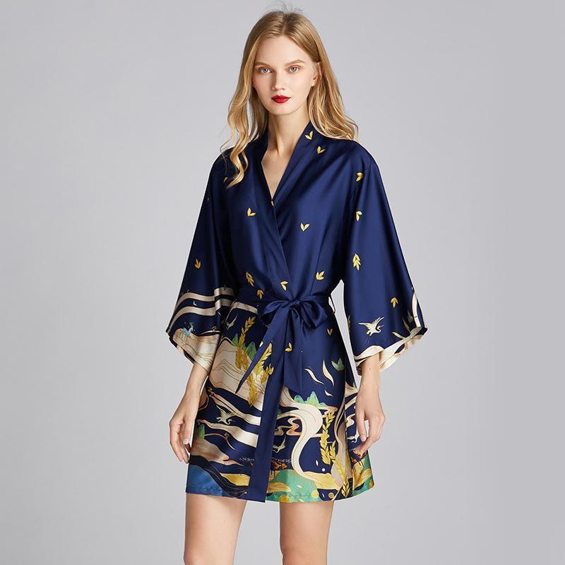 

Women's Sleepwear Women Robe Kimono Bathrobe Navy Blue Print Nightgown Silky Soft Satin Nightwear Sexy Short Nightdress Casual HomewearWomen, Navy blue b