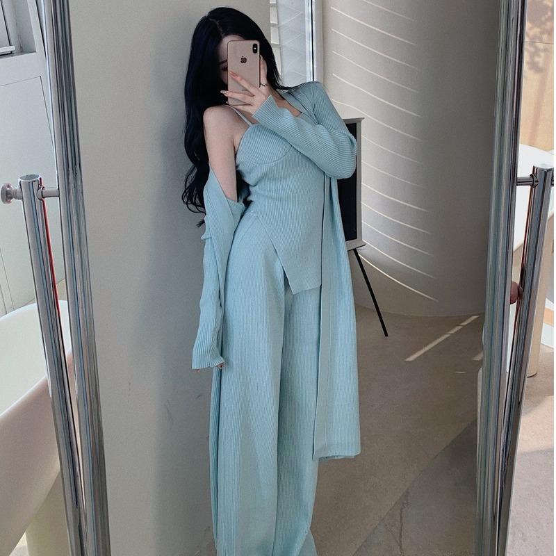 

Women's Two Piece Pants High Quality Sweater Trouser Suits 2022 Fall Winter Long Knitted Cardigan Sexy Vest Wide Leg 3 Sets OutfitsWomen's, 3 piece set