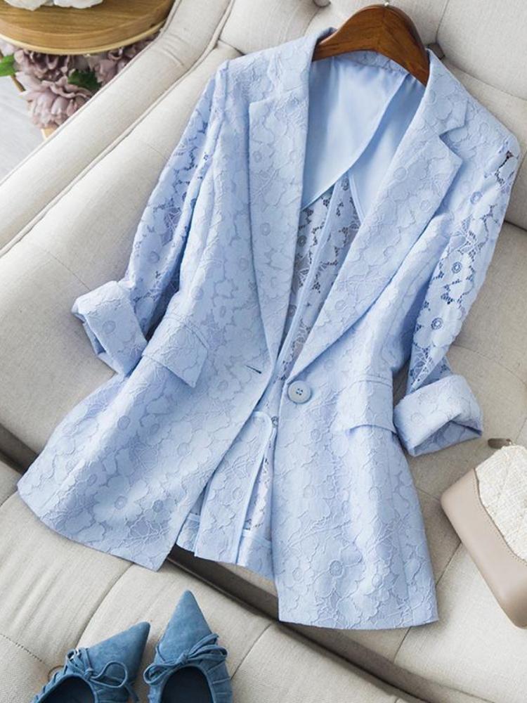 

Women's Suits & Blazers Autumn Lapel Women Clothing Blazer Elegant Lace Hollow Out Thin Summer Lady Office Suit Jackets Coat Slim Tops BlueW, Sky blue