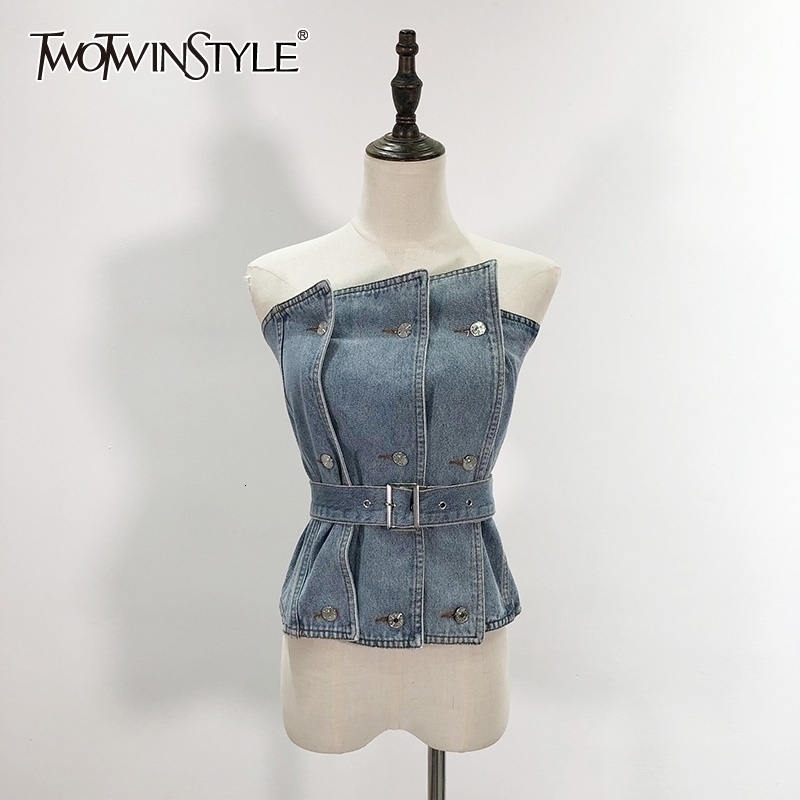 

TWOTWINSTYLE Sexy Irregular Womens Vests Strapless Sleeveless High Waist With Sashes Vest For Female Fashion Clothing Y200422, Blue