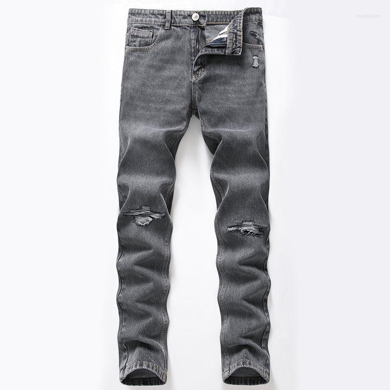 

Men's Jeans Men Gray Pants Slim Zipper Straight Denim Gentleman Hole Trousers Naom22