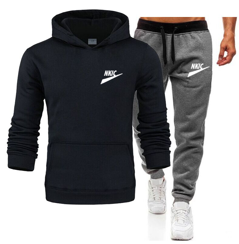 

Men's Tracksuit 2022 Brand LOGO Fleece Hoodies Sweatshirts Pants Two Piece Sets Fashion Sportswear Jogging Track Suit, Black