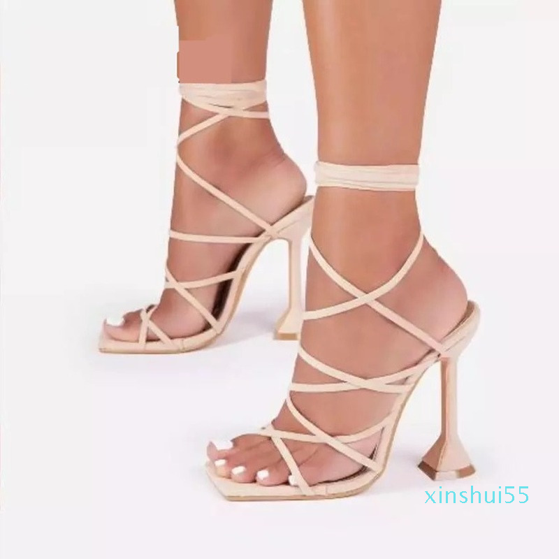 

Plus Size Summer Sexy Lace Up Women Sandals Square Toe Spike Heel Cross Tied Party Shoes High Heels Pumps Zapatillas Mujer, Black