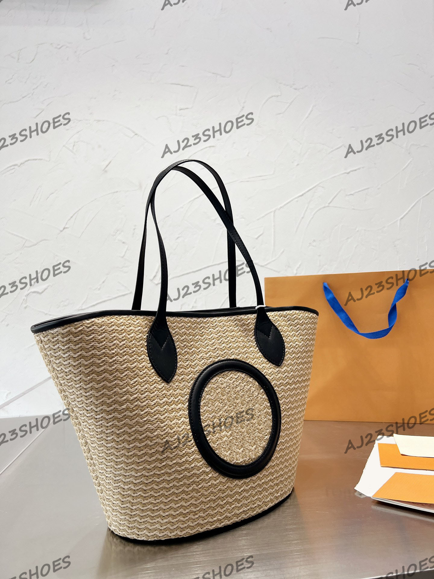 

M59963 M59808 Cabas Caramel Brown Straw Shoulder Bag With Pouch Synthetic Knitted Raffia Designer Handbag, 01