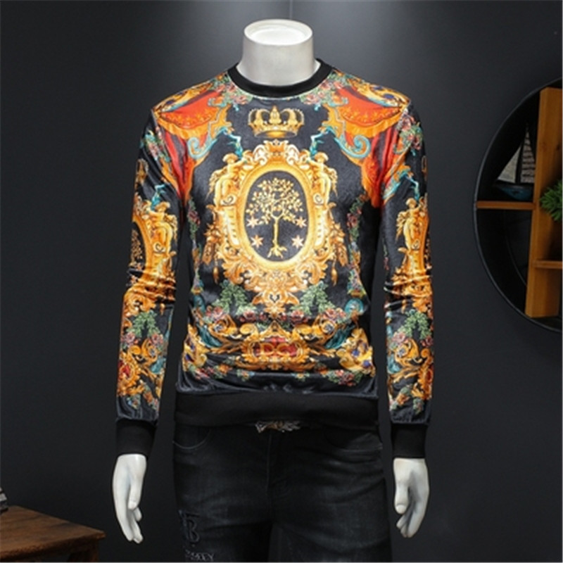 

Palace retro printing men's tops gold velvet long-sleeved T-shirts hot diamond trend round neck all-match casual fashion thickening warm bottoming shirts, Black