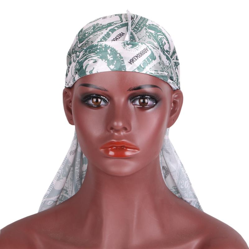 

Bandanas Printing Dollar Pattern Men Silky Durag Long Tail Du-rag