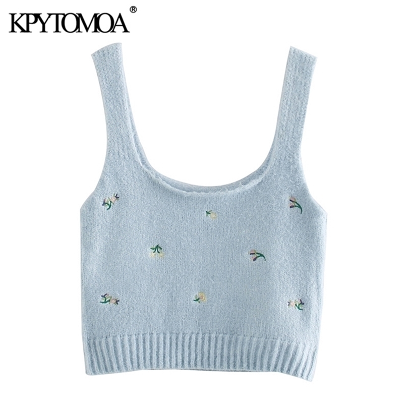 

KPYTOMOA Women Fashion Floral Embroidered Cropped Knitted Blouses Vintage Sleeveless Straps Female Shirts Blusas Chic Tops LJ200812, As picture