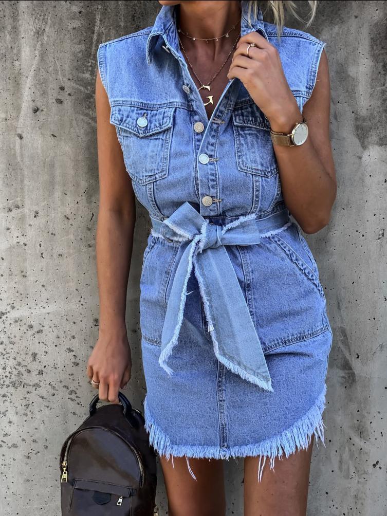 

Casual Dresses Retro Denim Dress College Style Jean 2022 Summer Fashion Sleeveless Women Ripped Tassel Belt Street -XLCasual, Light blue