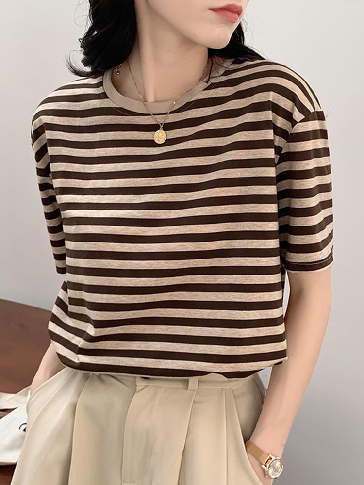 

Women' T-Shirt Short Sleeve Summer Korea Cotton Tees Shirt Femme Casual 2022 Women Stripes Vintage Tshirt Tops O-NeckWomen, Khaki