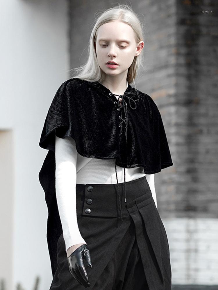 

Women's Jackets PUNK RAVE Women Streewear State Elegant Velvet Cloak Dark Black Devil Hooded Tying Rope Bat Sleeve Shawl Jacket