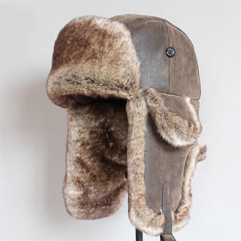 

Bomber Hats Winter Men Warm Russian Ushanka Hat with Ear Flap Pu Leather Fur Trapper Cap Earflap D19011503300S, Brown