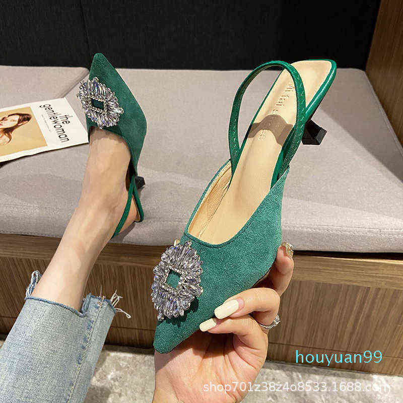 

Summer new pointed high-heeled Baotou Su Yinyin green thin heeled single shoes flat sandals French style external wear 2022, Black