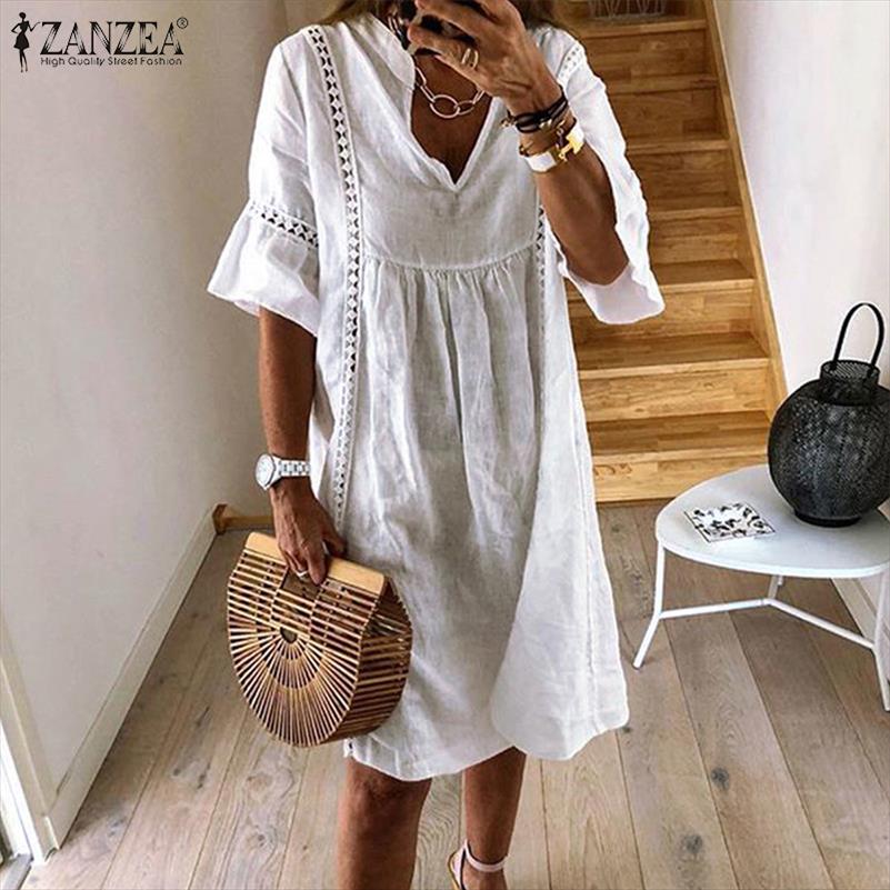

Summer Bohemian Lace Dress Womens V Neck Flare Sleeve Sundress Female Hollow Patchwork Robe Femme Tunic Vestidos, Navy