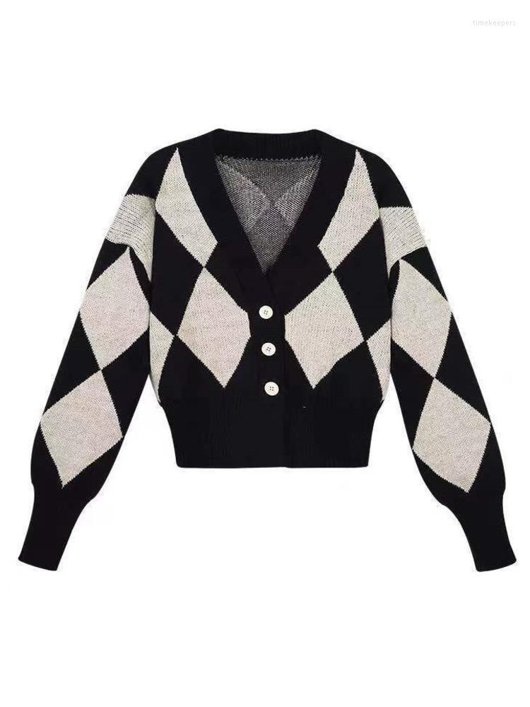 

Women' Knits & Tees Korean V-neck Knitted Sweater Women Fashion Vintage Plaid Jumper All Match Casual Loose Female Pullover CardiganWomen, Tp2