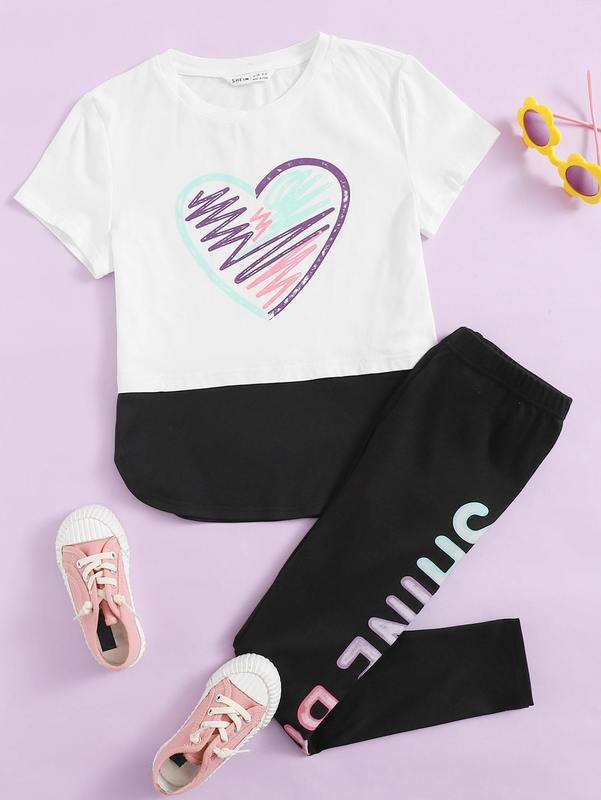 

Girls Heart Print Tee & Letter Graphic Leggings Set SHE, Black and white