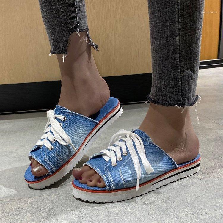 

Slippers Women Canvas Flat Slipper 2022 Woman Lace Up Ladies Peep Toe Women's Casual Female Fashion Denim Beach Shoes Plus Size 35-43, Light blue