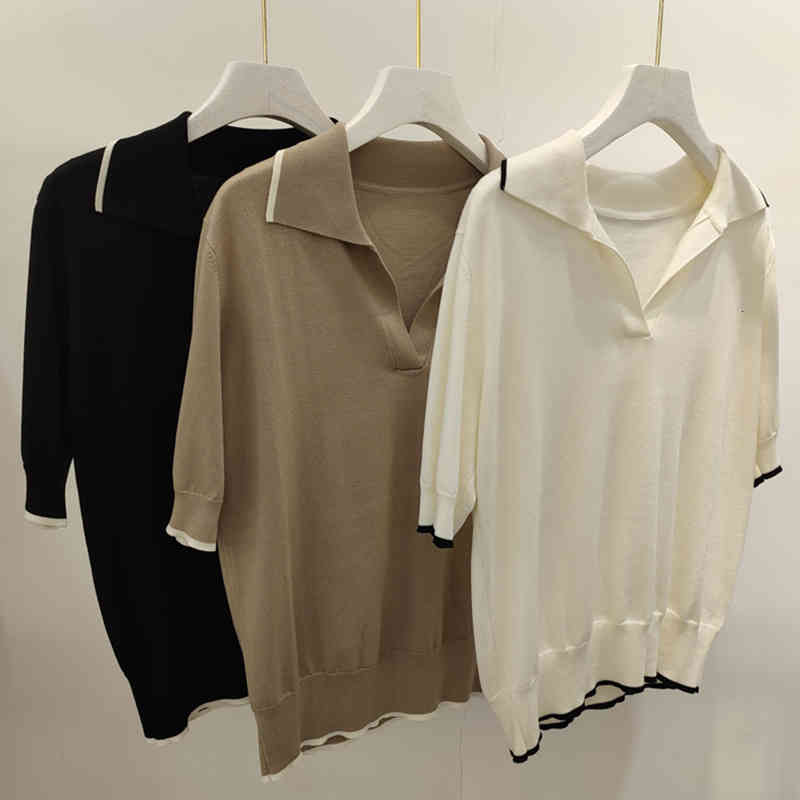 Women's Knits Tees French light luxury niche fashion Lapel loose Pullover Sweater women's middle sleeve intellectual commuting Tencel c
