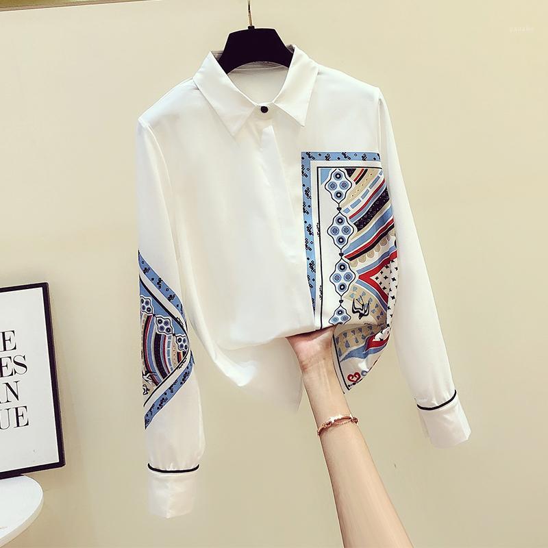 

Autumn Women's Turn Down Collar Long Sleeves Retro Print Shirts Female Shirt Blouse Tops A3512, As pic