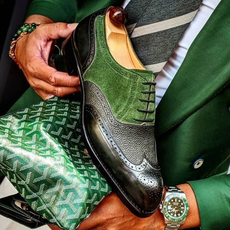 

Brogue Shoes Men Color Matching Pointed Toe Lace Fashion Classic PU Hollow Stitching Artificial Suede Casual Business Formal Shoes HL065, Green