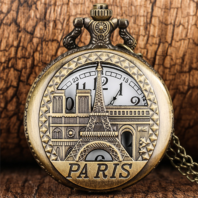 

Steampunk Watches Hollow Out Paris Cover Men Women Quartz Analog Pocket Watch Necklace Chain Arabic Number Collectable Clock, Bronze