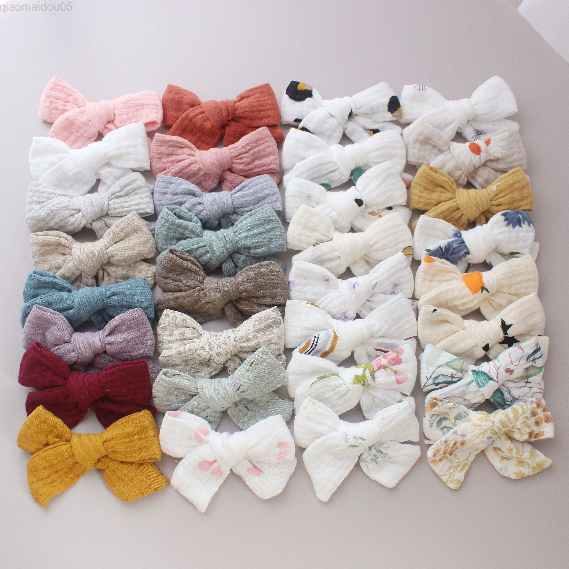 

32 pcs/party Mousseline Cotton Hair Bow Headbands Girls Rainbow Flowers Printing Her Bow Nylon Headband Newborn Baby Knotbow Hair Clips L220729, With headband