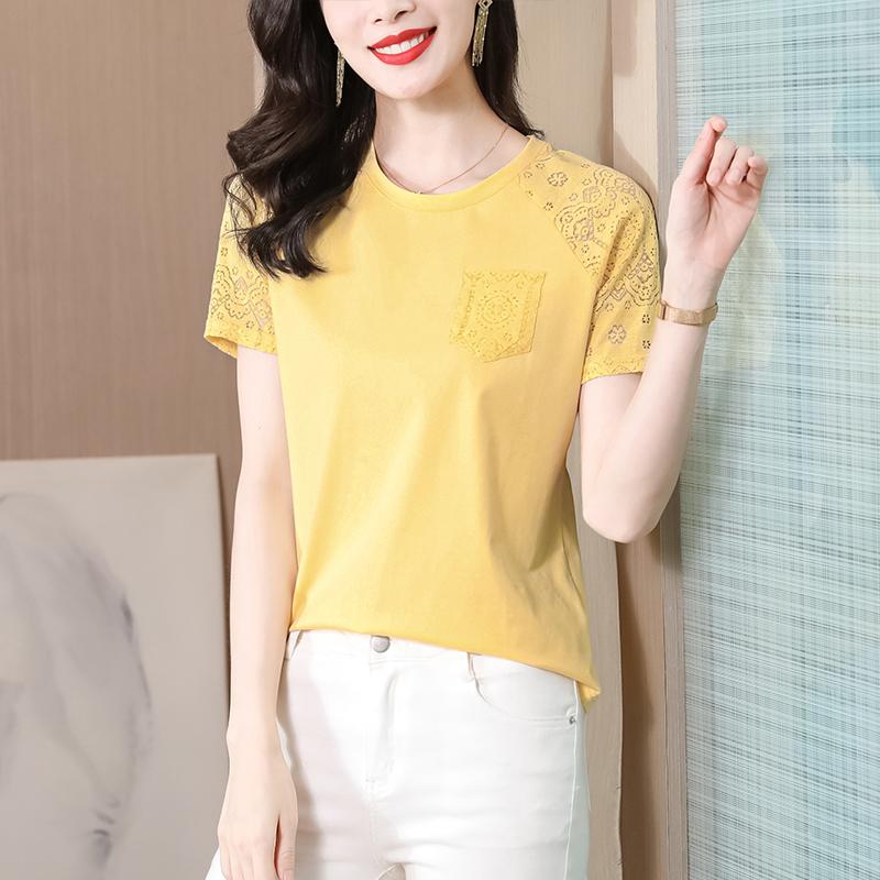 

Women' T-Shirt Lace Large Size Women' Summer Casual Top Hollow Out O-Neck Short Sleeve 2022 Loose Tees Fashion Female ClothesWomen, Yellow