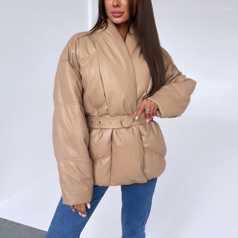 

Women's Down & Parkas XMAX Fashion Janpanese Style Solid Women Elegant Tie Belt Waist PU Leather Coats Winter Short Cotton Jackets Ladies Gu, Khaki