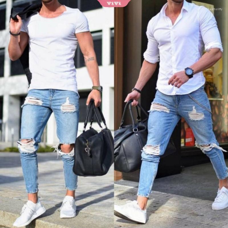 

Men' Jeans Men' Sports Pants Sexy Ripped Casual Summer And Autumn Male Tights Light-colored Feet TrousersMen' Heat22