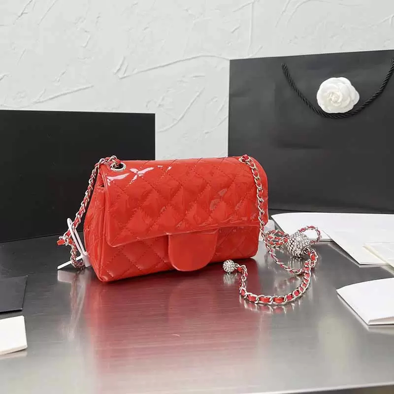 19c Ladies Mini Glitter Designer Bags Patent Leather Solid Color Classic Luxury Handbags Silver-Tone Mater Chain Adjuster Rhinestone Balls Crossbody