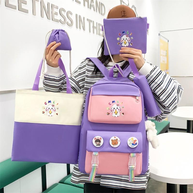

School Bags 5 Piece Set Fashion Women Backpack Cute Cartoon Print Shoulder Bag Large-capacity Handbag Multiple Pockets Travel Backpacks 2022, Black