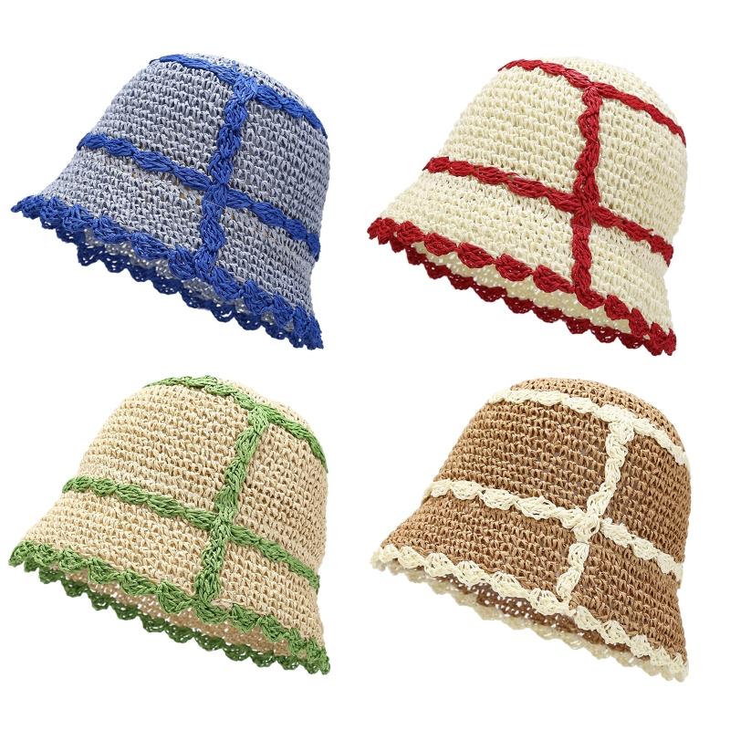

Berets Color Matching Wide Brim Summer Bucket Hat Crochet Fisherman Hats For Women Skin-friendly Large Sunproof Cap, Green