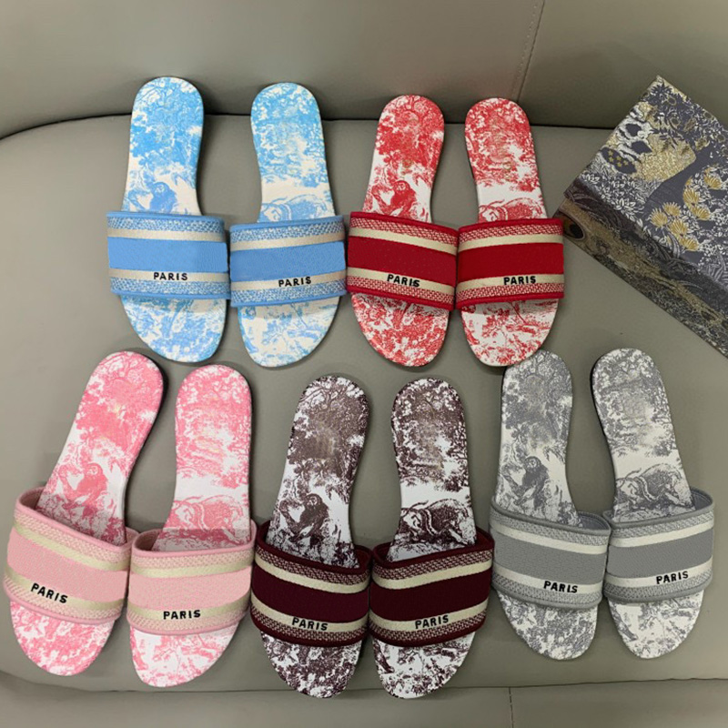 

Newest Lady Slides Sandals Slippers Summer Embroidery Sandal Floral Stripes Dot Animal Leopard Landscape Print womens Slipper fashion colorful shoes with box, Pic 11