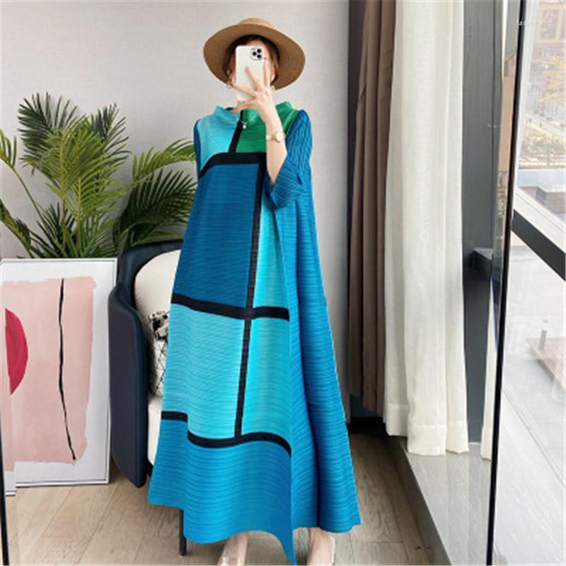 

Casual Dresses Summer Miyake Folds Fashion Comfortable Loose Geometric Graphics Digital Printing Three-quarter Sleeve A-line DressCasual