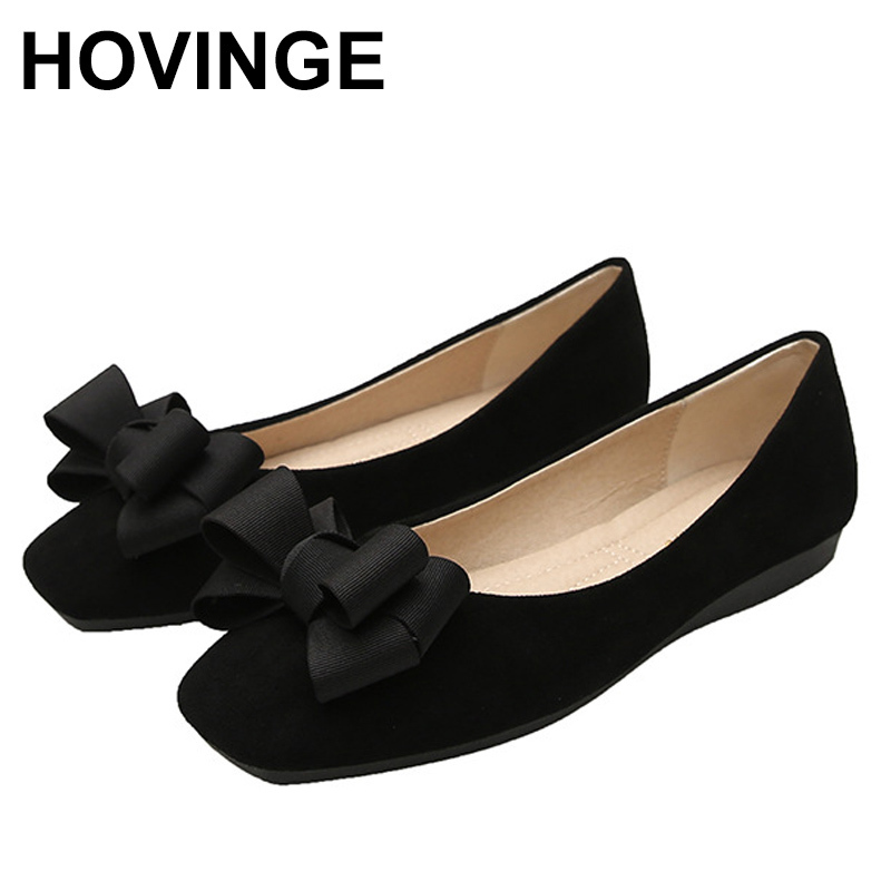 

HOVINGE Flats Women Fashion Butterfly-Knot Square Toe Party Leather Ballerinas Plus Size 33 - 43 Shallow Ladies Flats 220722, Black