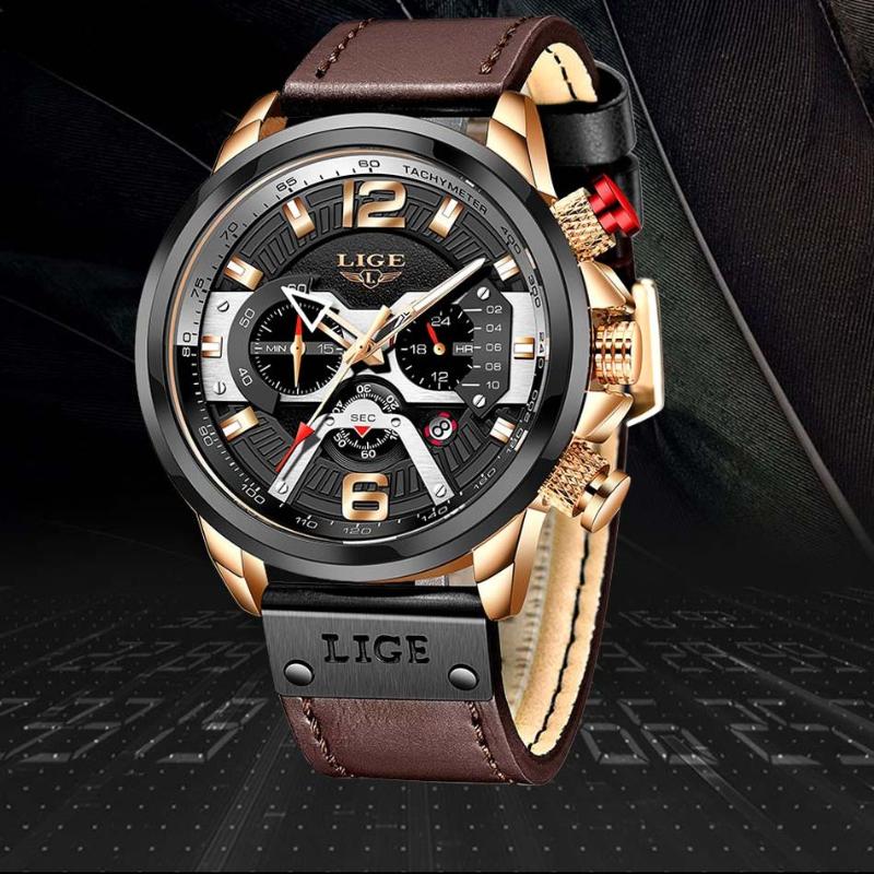 

Wristwatches LIGE Band Luxury Watch For Men Waterproof Sports Quartz Mens Casual Clock Leather Strap Male Wristwatch Relogio Masculino, Silver black