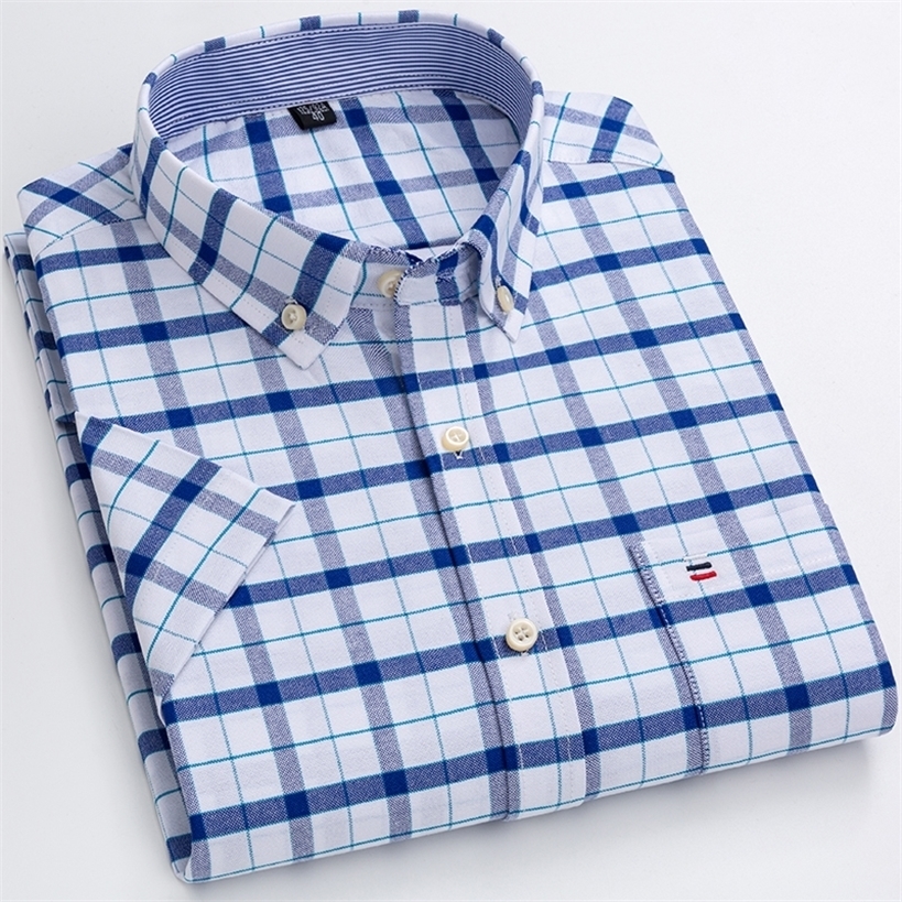 

S~7xl Cotton Shirts for Men Short Sleeve Summer Plus Size Plaid Striped Male Business Casual White Regular Fit 220323, D501