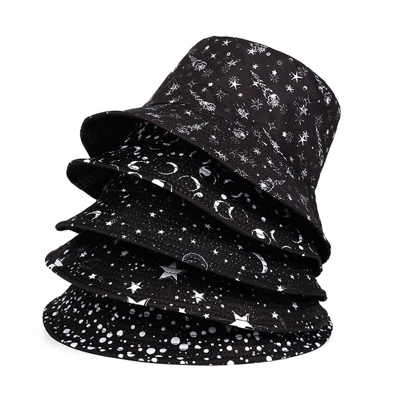 

Berets Unisex Stars Moon Print Bucket Hat Foldable Double-sided Wear Hip Street Summer Sun Hats For Women Men GorrasBerets BeretsBerets