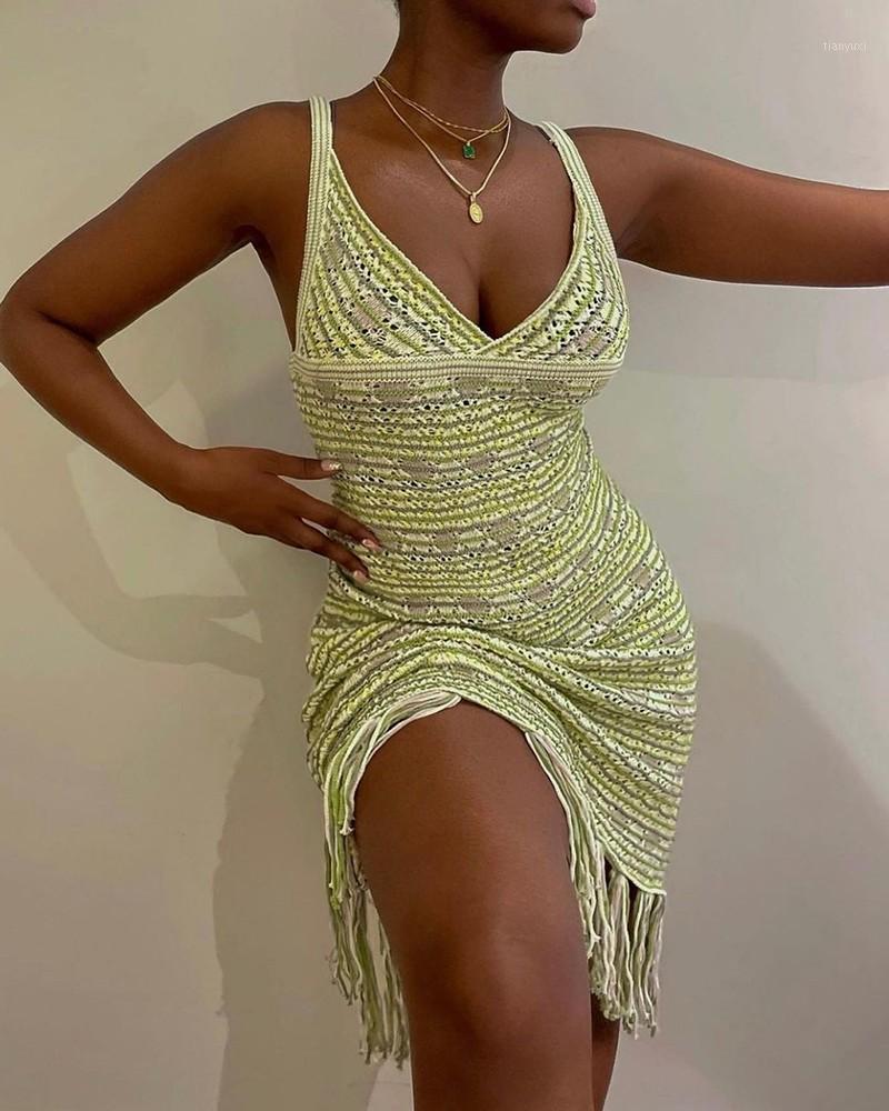 

Casual Dresses Knitted Dress Women' Clothing 2022 Summer Fashion Sexy Suspender Tassels Ladies Clothes Solid Color