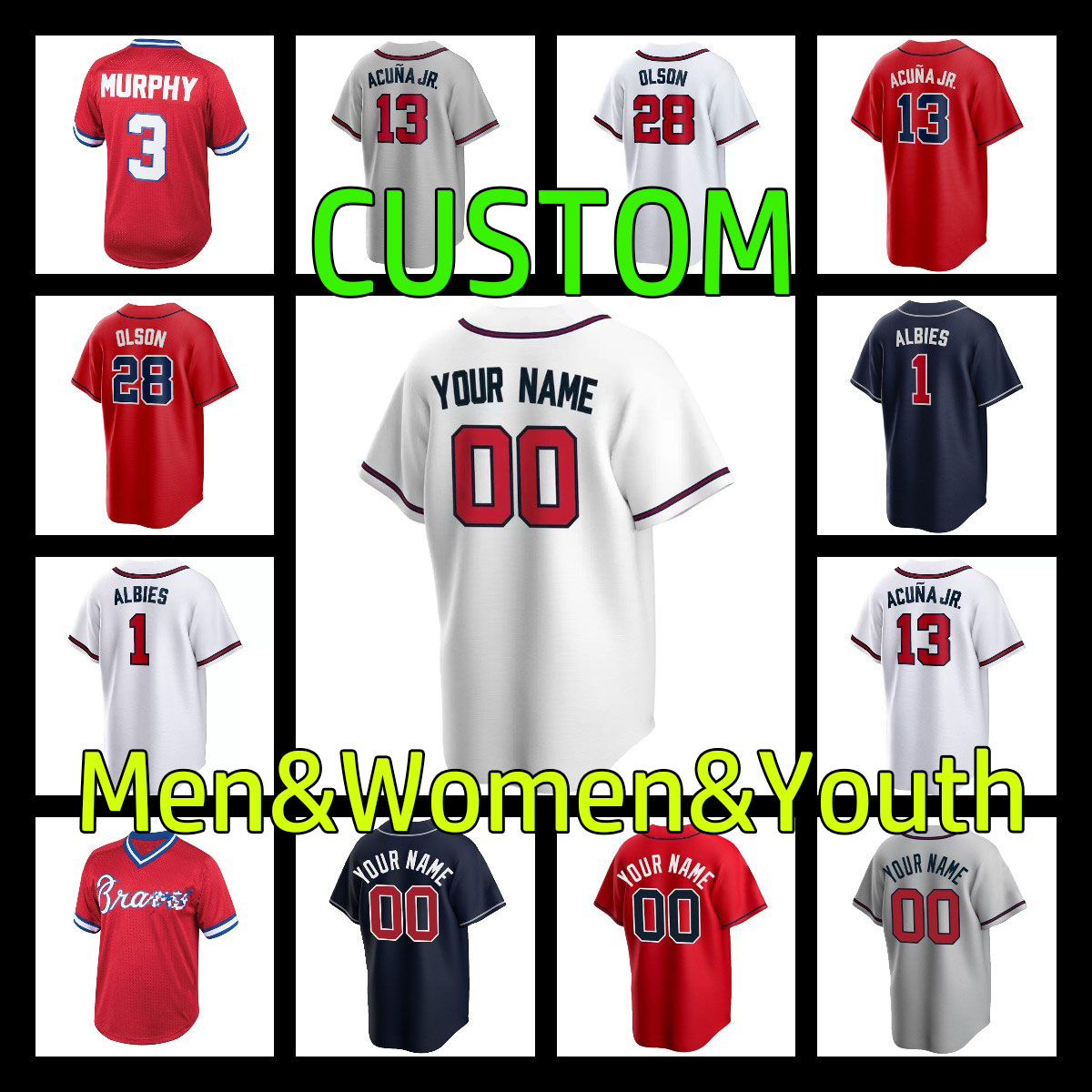 

Top Quality 2022 Custom S-3XL 28 Matt Olson Jersey Freddie Freeman Dansby Swanson 13 Ronald Acuna Jr. Ozzie Albies Mike Soroka 10 Jones Baseball Jerseys Mens Women retro, As shown