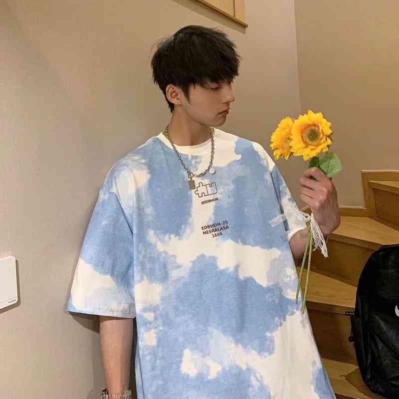 

T-shirt men's short sve gradient color tie dyed half sve fashion versatile 5-point sve T-shirt 5-point ins fashion brand, White