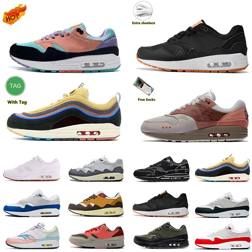 

1 87 mens running shoes sneakers Bred UNC Wolf Grey Black Patch OG Anniversary Amsterdam White Black London Iridescent Atomic Teal men women trainers sports shoe, Item#42