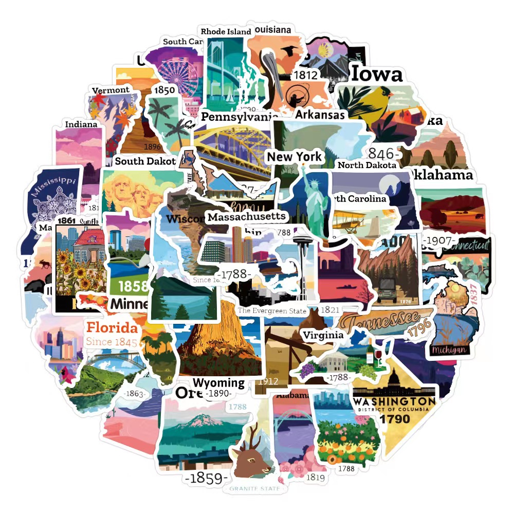 

50pcs/set Small waterproof Skateboard stickers US cities map For notebook laptop bottle Helmet car sticker PVC Guitar Decals, Multi colors